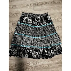 Notations Woman Black White Floral Tiered Cotton Midi Skirt Turquoise Trim 1X